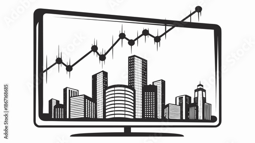 Businessman analyzing city market trends on computer screen