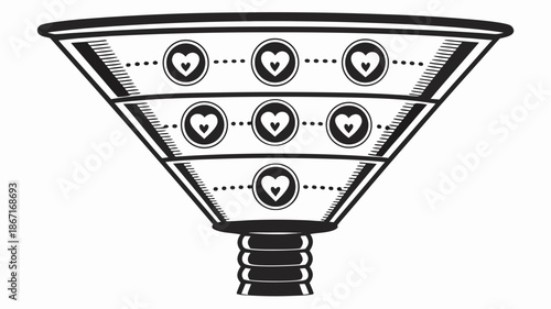 Marketing funnel with hearts guiding leads to conversion