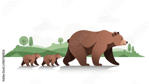 A mother bear walks with her two cubs through a grassy, hilly landscape.
