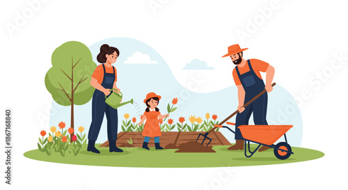Happy family with a mother, father, and young daughter enjoying quality time together while gardening in their lush backyard garden.
