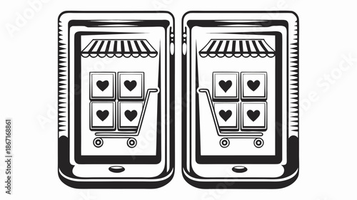 Smartphones display online shopping with heart symbols