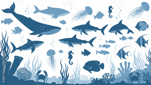 A vibrant underwater scene teeming with diverse marine life, including whales, sharks, dolphins, jellyfish, seahorses, fish, and crabs, set against a backdrop of coral reefs and aquatic plants.