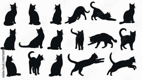 A collection of black cat silhouettes in various poses, showcasing different feline movements and postures.