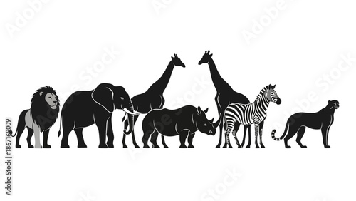 A collection of African safari animals including a lion, elephant, rhinoceros, giraffes, zebra, and a panther.