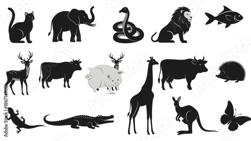 A collection of black animal silhouettes, including a cat, elephant, snake, lion, fish, deer, cow, pigs, giraffe, bull, hedgehog, lizard, crocodile, kangaroo, and butterfly.