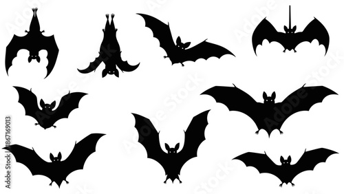 A collection of black bat silhouettes in various flying and hanging poses against a white background.