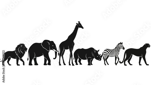 A collection of African safari animals silhouetted against a white background, including a lion, elephant, giraffe, rhinoceros, zebra, and cheetah.