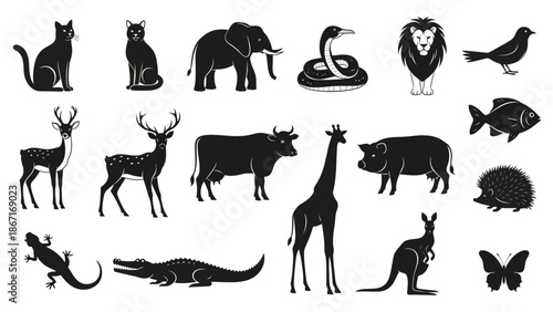 A collection of diverse animal silhouettes, including mammals, reptiles, birds, and insects, presented against a white background.