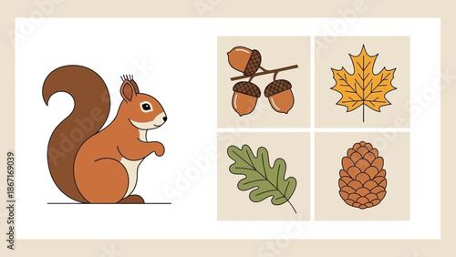 A cute cartoon illustration of a squirrel with autumn-themed elements like acorns, a maple leaf, an oak leaf, and a pinecone.