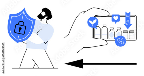 Data security. Digital lock secure online transactions and information protection. Mobile shopping with sale and product icons highlights modern commerce trends. For e-commerce, cybersecurity