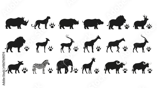 A collection of diverse African wildlife silhouettes, including rhinos, lions, elephants, zebras, and antelopes, each accompanied by a paw print.