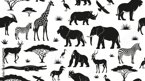 A seamless pattern featuring a variety of African safari animals and acacia trees in silhouette against a white background.