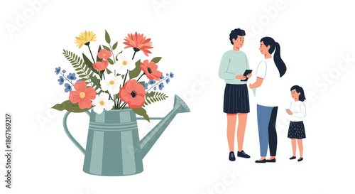 Set of two illustrations featuring a watering can filled with a beautiful bouquet of wildflowers and a modern family on their phones.