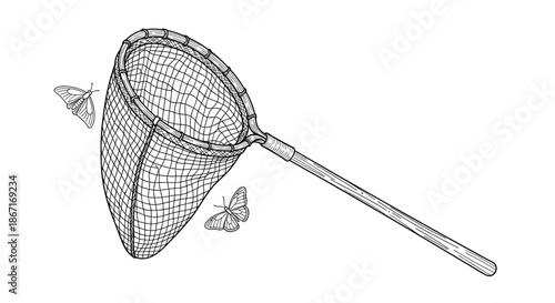 Detailed black and white ink drawing of a classic butterfly net with a wooden handle, shown with two butterflies flying nearby.