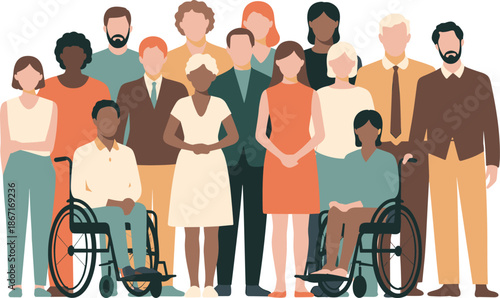 Diverse inclusive people group illustration, men women different ages ethnicities and wheelchair users, social diversity community concept, modern flat design isolated