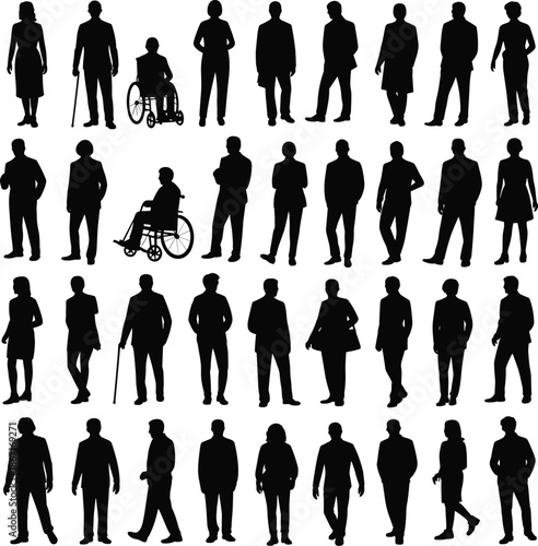 Diverse people silhouettes including wheelchair users, men and women standing together isolated on white background, inclusion accessibility community concept illustration