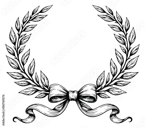 Hand drawn line art illustration of a laurel wreath with a bow and ribbon depicting honor and achievement for award certificates