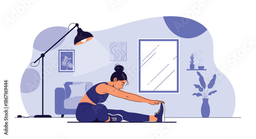 Woman in sportswear performing a stretching exercise on a yoga mat in her cozy and stylish living room as part of a home workout.