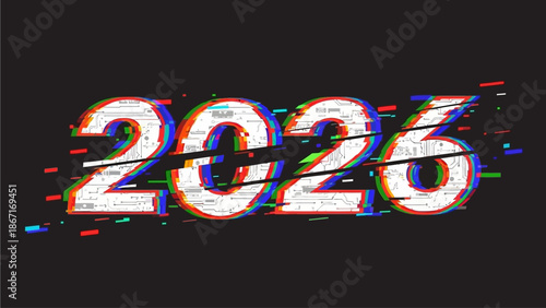 Futuristic Glitch Art 2026 Typography Vector Illustration