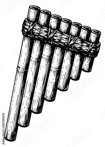 Hand drawn line art illustration of a pan flute depicting classic bamboo pipes for traditional music and culture