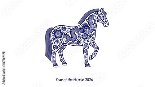 Blue and White Porcelain Style Zodiac Horse Vector