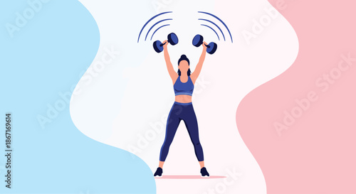 Faceless illustration of a strong, athletic woman in sportswear lifting two heavy dumbbells overhead during a strength training workout.