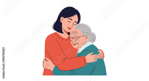 Tender illustration of a young woman gently hugging an elderly woman, showing love, care, and a strong family bond between generations.