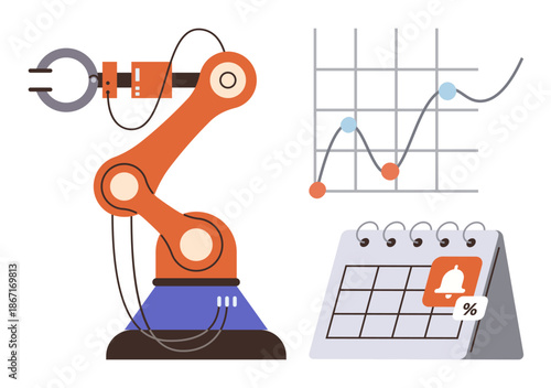 Technology, manufacturing, data analytics, scheduling, process optimization, workflow automation. Robotic arm, chart and calendar are . Automation and workflow optimization conceptual
