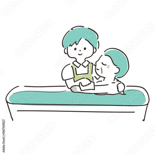 高齢者介護の日常シーン 手描きイラスト　入浴の介助をする男性介護士