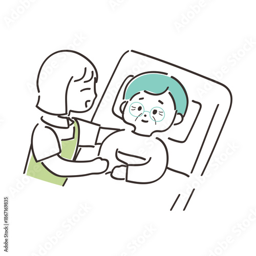 高齢者介護の日常シーン 手描きイラスト　体を起こす介助をする介護士