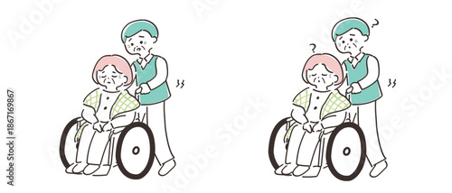 老老介護と認認介護のイメージイラスト　高齢者夫婦の介護風景