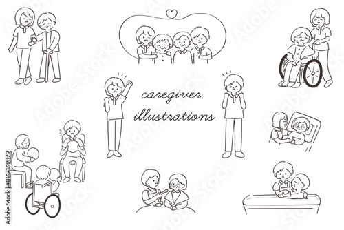 高齢者介護の日常シーン 白黒のシンプル手描きイラストセット