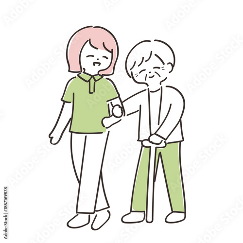 高齢者介護の日常シーン 手描きイラスト　腕を組んで歩くおばあさんと介護スタッフ