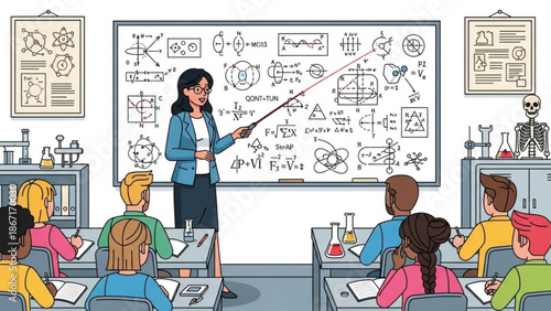 Female teacher explaining physics equations on a whiteboard to a diverse group of students in a classroom with educational posters and science equipment