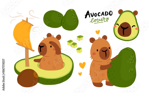 Cute capybara avocado lovers illustration set with funny cartoon animal characters. Healthy food, vegan lifestyle flat vector design for stickers, prints and social media