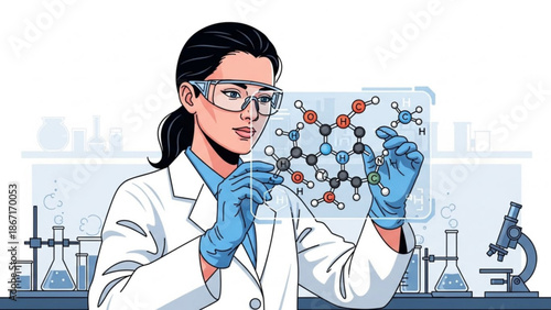 Female scientist in lab coat and gloves examining molecular structure in laboratory setting with various scientific equipment with science and research