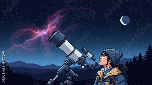 A woman in a blue jacket and beanie looks through a large telescope at a vibrant pink nebula in the night sky with a moon and stars with astronomy
