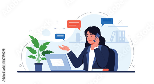 Stressed businesswoman multitasking at her office desk, talking on the phone while working on her laptop with urgent notifications.