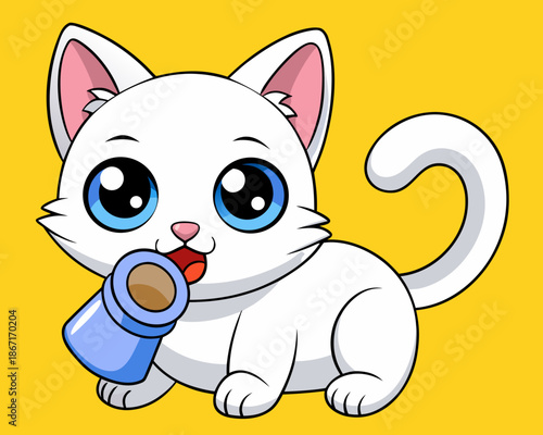 A cheerful cartoon kitten character with a cute tail and small paws creates a funny vector illustration design for pet lovers and animal art