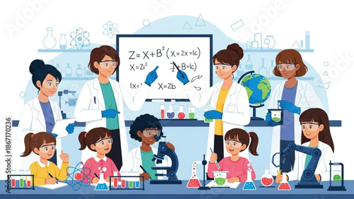 Diverse group of students and teachers in a science laboratory setting with various equipment and a whiteboard displaying mathematical equations