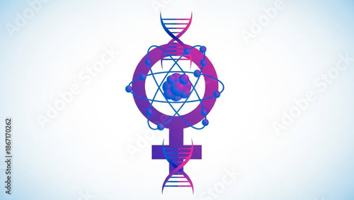 Vibrant purple and blue dna double helix spiral structure with atomic orbitals and geometric shapes on white background representing genetic engineering and biotechnology