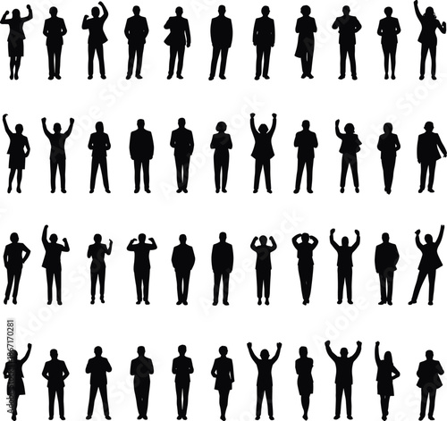 Business people silhouettes set men and women celebrating success standing confident poses isolated black vector illustration for corporate concepts