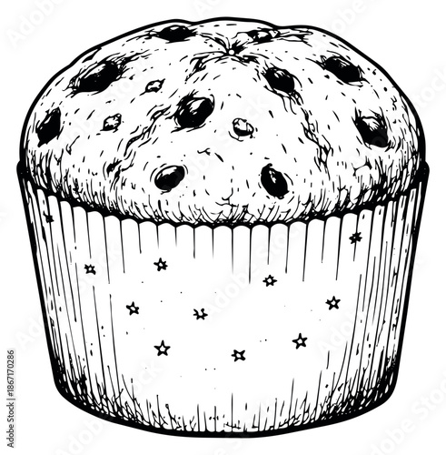 Hand drawn line art illustration of a muffin depicting a baked sweet treat for confectionery branding