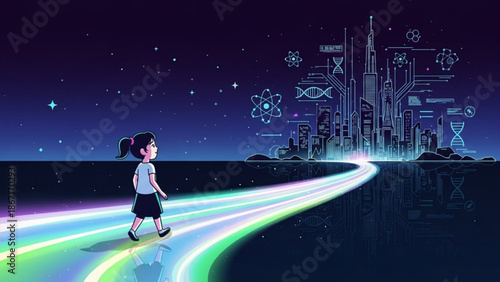 A young girl walks along a glowing pathway towards a futuristic cityscape at night with neon lights and scientific symbols in the air with technology