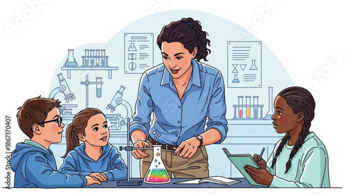 A female teacher and three students engaged in a colorful science experiment with a beaker in a classroom setting with educational equipment