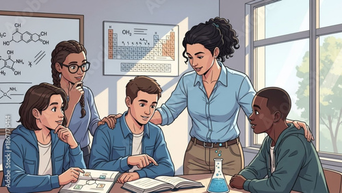 Diverse group of high school students learning science with female teacher in classroom setting with educational posters and chemical equipment