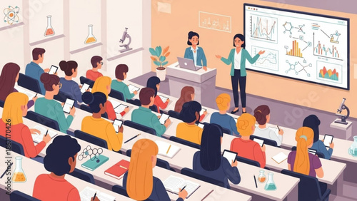 Two female teachers standing in front of a classroom with students sitting at desks using tablets and laptops while looking at a large screen display with graphs