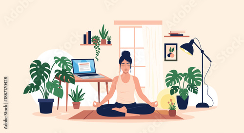 Woman meditating in the lotus position on a yoga mat in a cozy, plant-filled room, practicing mindfulness and relaxation at home.