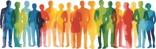 Colorful diverse human silhouettes standing together representing global community, inclusion, unity, people crowd illustration isolated on white background vector design