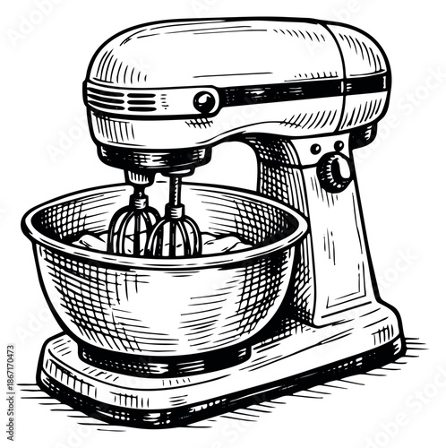 Hand drawn line art illustration of a stand mixer depicting food preparation for baking and kitchen concepts
